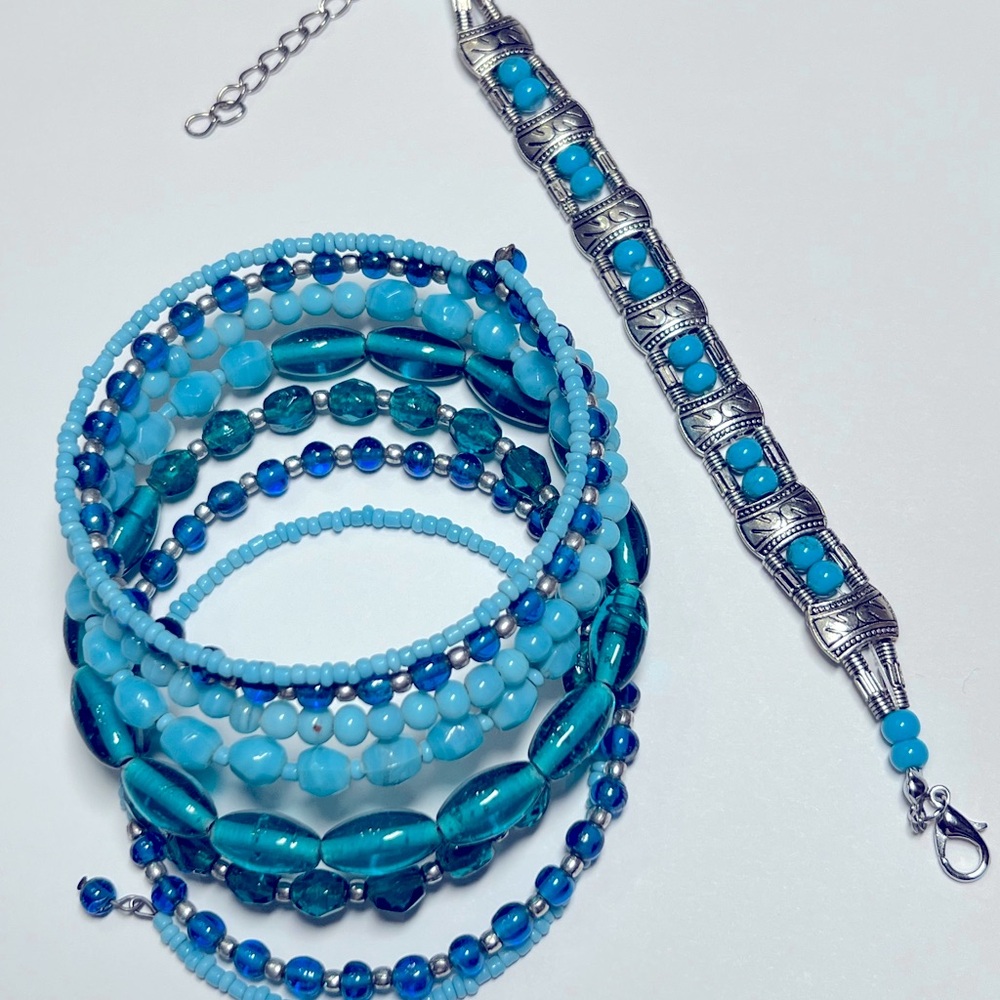 Turquoise & Silver Custom Crafted Beaded Bracelet Set